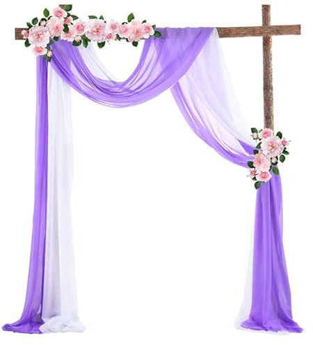 70 * 550cm Foto Hintergrund Hochzeit Vorhang Deko,2 Stück Hochzeit Bogen Chiffon Stoff Querbehang Deko Gardinen Freihanddeko Dekoration für Fotografie Party Geburtstag Taufe -Weiss + Lila