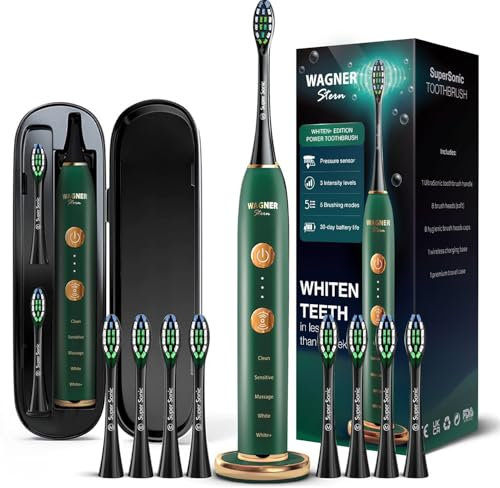Wagner Stern WHITEN+ Edition. Whitening Electric Toothbrush with Pressure Sensor. Offers 5 Brushing Modes, 3 intensities, 8 Soft Brush Heads, and a Luxury Travel case. (Black)