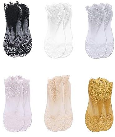 TAFACE 6 Paar Damen-Socken, knöchelhohe Socken, Spitze, lässig, rutschfest, für Tanz, Walking, Fitness, Schwarz, Weiß, Rosa, Grau, Hautfarbe, Ingwer, 32