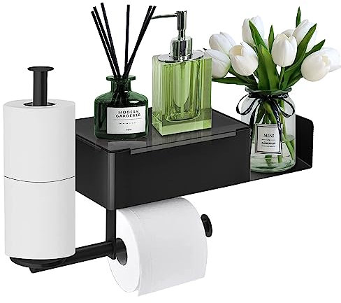 Airminti Toilettenpapierhalter, Klopapierhalter ohne Bohren Edelstahl WC Rollenhalter, Toilettenpapierhalter mit Feuchttücherbox Selbstklebend für Bad, Küche 2 Ersatzrollenhaltern, Schwarz, 38*17CM
