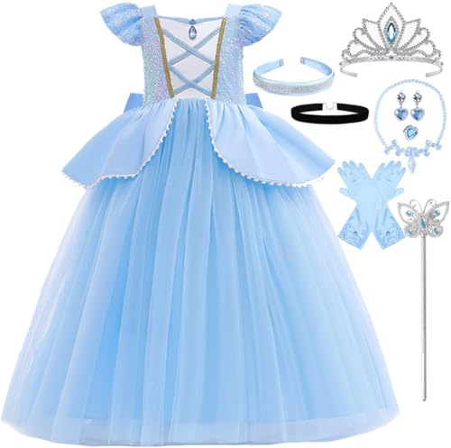 LiUiMiY Prinzessin Kleid Mädchen Blau Kostüm Kinder Fasching Cosplay Geburtstag Party Verkleidung mit Zubehör, 98-104(Etikett 100)