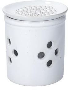 KitchenCraft Idilica Stoneware Garlic Holder with Grater Lid, Cream Ceramic Garlic Container with Vented Holes and Unglazed Base