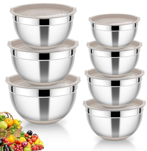 HaWare Set di 7 ciotole in acciaio inox con coperchio ermetico e fondo in silicone, ideali per cucinare, lavabili in lavastoviglie, 4,6 l/3,5 l/2,8 l, 2,5 l, 1,5 l, 1,2 l, 0,7 l, colore cachi