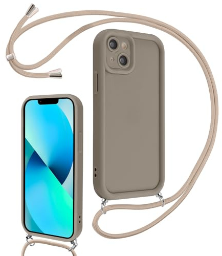 Coalbooliy Handyband für iPhone 13 Hülle 6,1 mit Band, Handyhülle Kameraschutz Weiches Silikon Necklace Stoßfeste Schutzhülle mit Kordel zum Umhängen Cover für Mädchen Frauen, Khaki