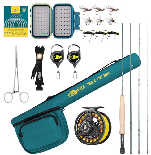 SF Fly Fishing Rod Combo Starter Kit - 4 Piece 3WT 7.6FT Emerald Green 24T Carbon Fiber Trout Rod With Reel, Case, Box With Flies, Tapered Leader, Knot Tying Tools