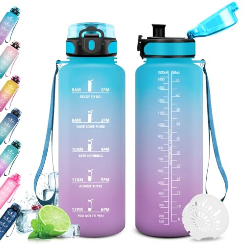 KollyKolla Trinkflasche Kohlensäure Geeignet, 500ml/1L/1.5L, Sport Trinkflasche mit Zeitmarkierung, Auslaufsicher Wasserflasche Kinder, Erwachsener, Fahrrad, Schule, Maedchen, Junge, Büro, Fitness