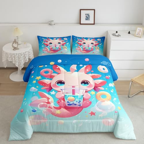 Kawaii - Juego de edredón infantil con diseño de ajolote, salamandra de dibujos animados para mujeres y niñas, edredón suave de donas de té con leche para adultos, juego de edredón acolchado para