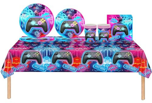 Video Game Party Tableware Set for Boy Gaming Birthday Decoration - 69Pcs Party Supplies With Plastic Table Cloth, Paper Plates, Napkins and Cups for Kids Boys Controller Birthday