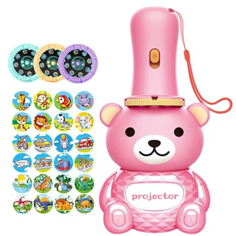 Moageme Kids Flashlights Bear Shape Projector Light Educational Learning Story Slide Projection with 24 Patterns, Bedtime Bear Night Light Toy for Kids