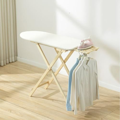 RNQZ Bügelbrett aus Massivholz, verstellbares tragbares Bügelbrett mit Abnehmbarer Bügeleisenablage, Faltbare Standardgröße für das Home-Office im Wohnheim,Beige