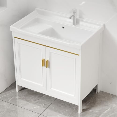 Mobiletto per bagno con lavandino in ceramica, Lavatoio con Mobile, Rubinetto per Tubo Dell'Acqua Calda e Fredda, Armadietto Autoportante per Soggiorno, Cucina, Ufficio, Armadio(80x48cm/31.5x18.9in)