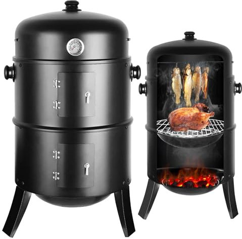 Affumicatore 3 in 1, Barbecue Carbonella, Griglia per Affumicatura con 2 Griglie in Acciaio Inossidabile, Termometro, Barbecue a Carbone, Affumicatore con Coperchio, Ø44,5 x80 cm Affumicatoi, Nero