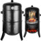 Ahumador Barbacoa 3 en 1, Parrilla de Carbón para Ahumar, Smoker Barbacoa con Parrilla de Acero Inoxidable, Termómetro, Cuenco de Agua Esmaltado, Barril de Ahumado, Φ45,5 x 80 cm Negro BBQ Smoker