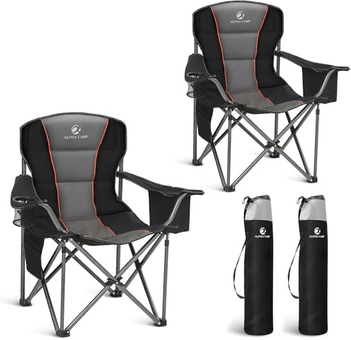 LET'S CAMP Set of 2 Oversized Folding Camping Chair for Adults Up to 200 kg | Heavy Duty Padded Foldable Outdoor Chair, Camp Folding Chairs, with Cup Holder Storage and Cooler Bag