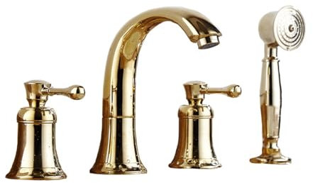 JNTFNE 4 Hole Bath Taps Bathroom Mixer Tap with Shower Hot and Cold Brass Single Handle 360° Swivel Bath Shower Mixer Tap Set Gold
