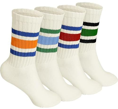 SJDOFU Striped Crew Socks, 4 Pairs Gym Leisure Crop Sock, Cotton Socks Crop Socks for Men Women Teens Sports Running