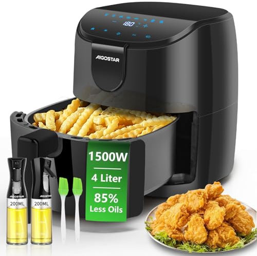 Aigostar Freidora de aire 4L con 2 dispensadores de vidrio, 8 programas Air Fryer 1500W, Temporizador de 60 minutos, pantalla LED táctil, precalentamiento rápido, Recordatorio de agitación, Libre BPA