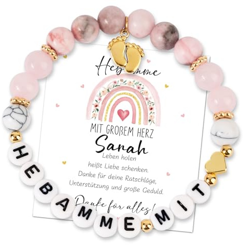 BOOMTOP Hebamme Geschenk Armband Hebamme mit Herz Dankeschön Geschenke Armbänder Elastisch Perlenarmband 30cm Rosa Buchstaben Armkettchen Danke für Alles Geschenk mit Dankeskarte und Umschlag