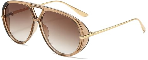 YAMEIZE Occhiali da sole da pilota oversize per donne uomini rotondi anni '70 retrò doppio ponte vintage grande montatura punk occhiali da sole UV400, Champagne/Marrone
