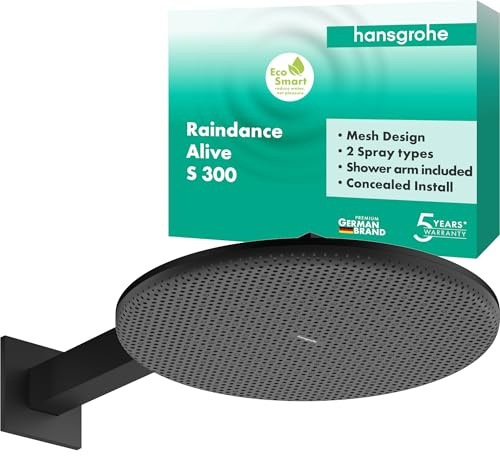 hansgrohe Raindance Alive S - Soffione doccia a risparmio idrico (EcoSmart), Doccia a pioggia (300 mm) con 2 getti (incl. PowderRain) per montaggio a parete, funzione anticalcare, nero opaco, 24541670