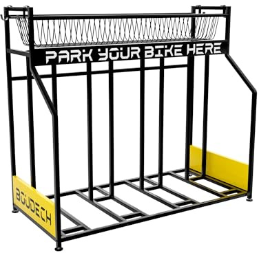 Boudech Parkade - Rastrelliera Portabici 4 Posti Supporto per Bicicletta a Pavimento da Garage con Cesta Portaoggetti e 4 Ganci in Metallo Nero
