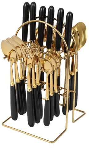 Flatware Set Rack 24Pcs Flatware Set with Stand Mirror Polishing 13x14.5x23.5cm Stainless Steel Cutlery Set with Stand Ceramic Handle Wavy Design for Family, Restaurants