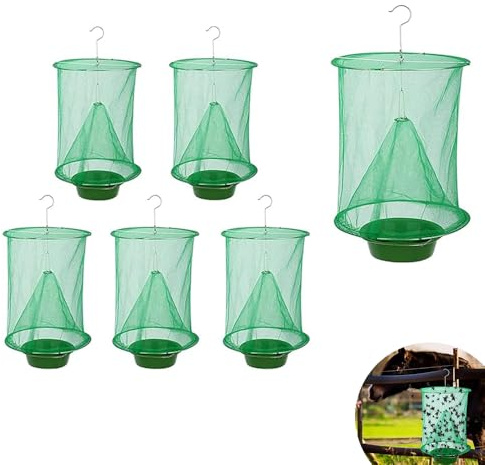 ZhangJJJJJJJ Fliegenfalle, wiederverwendbar, zum Aufhängen, mit Köderablage, zusammenklappbar, Netztasche für Pferde, Bauernhof, 6 Stück