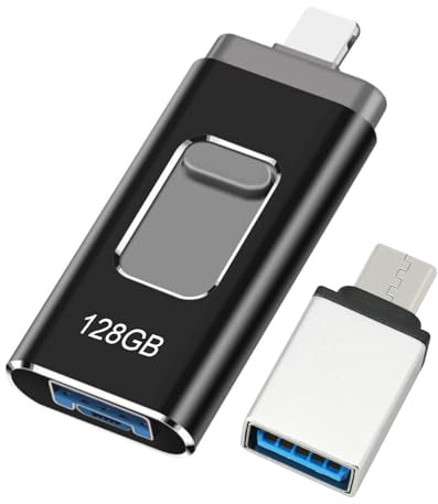 128GB USB Stick für iPhone, MFi-zertifizierter Lightnning Speicherstick, 4-in-1 Stick für Handy – Kompatibel mit iOS/Android/PC, USB 3.0 Plug-and-Play-zur Sicherung von Fotos und Videos, Schwarz
