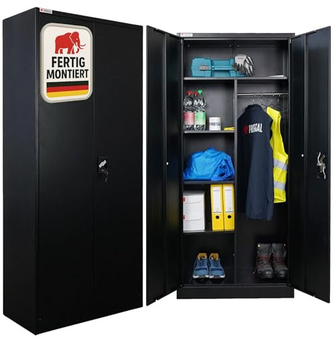 PROREGAL Flügeltürenschrank Elephant Metall Aktenschrank komplett montiert abschließbar 2 Türen 180x80x40cm Stahl 6 Fächern & Kleiderstange Stahlschrank Pulverbeschichtung Schwarz Garderobenschrank