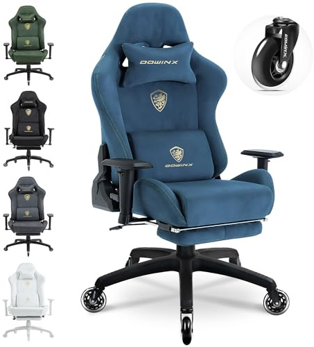 Dowinx Gaming Stuhl,Ergonomischer Wildlederimitat Gamer Chair,Gaming Sessel,Verstellbar Fußstütze und 3D Armlehnen,200KG Tragkraft Bürostuhl mit Geräuschlose Rollen,Schreibtischstuhl,Blau