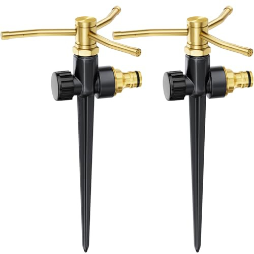 FANHAO 2 aspersores de riego metálicos para jardín con Base de estaca, aspersor de riego de 3 Brazos, Sistema de aspersores Giratorio automático de 360 Grados, riego de Gran Superficie de jardín