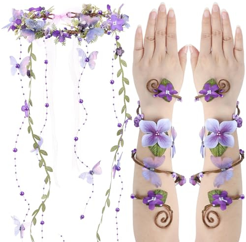 ETOFETE Elfen Kopfschmuck Blumen Haarreif und Armwickel mit Schmetterling Ranken, Karneval Waldfee Kostüm Damen Cosplay