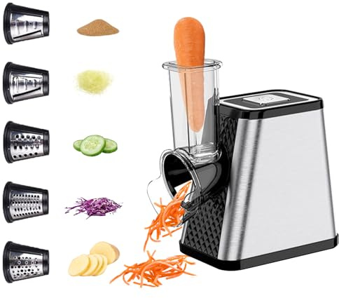 Râpe à Légumes Électrique Multifonction 800W - Découpe-Légumes 5-en-1 avec 5 Lames Inox - Hachoir Électrique pour Fromage, Carottes, Pommes de Terre et Concombres (A)