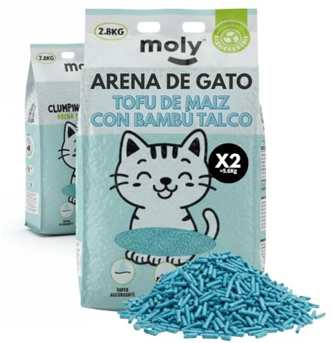 MOLY x2 Arena de Gatos Tofu de Maiz y Bambu 5,6 KG 7,4 L | Arena Biodegradable y Aglomerante Alta Absorcion con Aroma de Talco | Control Total de Olores | Sin Polvo | Lecho Mineral