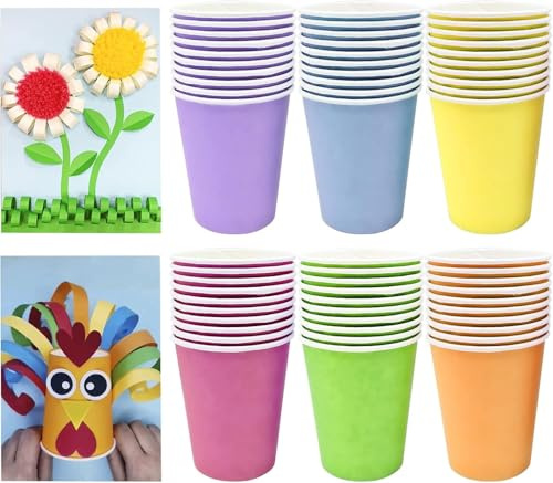 Fizleca 60 Pack Coloured Paper Cups, 250ml Disposable Paper Cups | Reusable Paper Party Cups for DIY Weddings Birthdays and Picnics, 6 Colors, Eco-Friendly Biodegradable Material