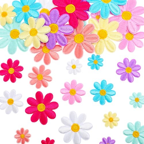32 Stück Blumen Patches zum Aufbügeln, Bügel Patches Kinder Gänseblümchen | Bügelbilder für Textilien, Bügelflicken, Aufnäher Für Hüte, Kleidung, Jeans, Jacken (4 Größe)