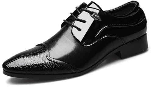 DXSYGMBN Scarpe Stringate da Uomo in Pelle Verniciata Eleganti Derby Cerimonia Oxford Lucide con Stampa Coccodrillo per Matrimonio,Nero,47 EU