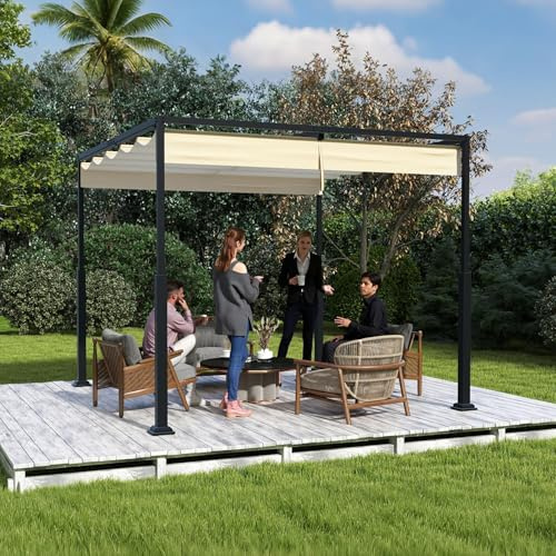 SUBTLETY Pergola 3x3 m Terrassenüberdachung, Gartenpavillon mit einziehbarem Schiebedach, Wasserdicht Stabil Metallrahmen Sonnenschutz Pavillon für Garten Terrasse Balkon (Beige)