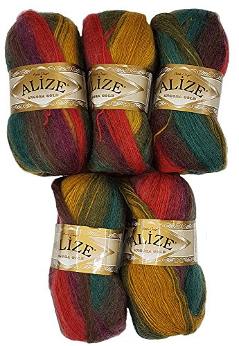 5 x 100 g Alize Strickwolle mehrfarbig mit Farbverlauf, 500 Gramm Strickgarn mit 20% Wolle-Anteil (beere rot oliv u.a. 3368)