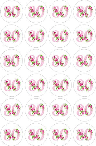 cdb 24 80th Birthday Pink roses Toppers Iced/Icing Cupcake Topper Edible Fairy Cake Bun Frosting fondant Round