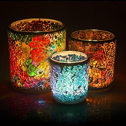 Larcenciel Tea Light Candle Holder Mosaic Glass Candle Jars, Handmade Romantic Tealight Holders for Make Candles and Essential Oil Diffuser, Table Centerpiece, Decor, Set of 3 in 3 Size, Multicolor