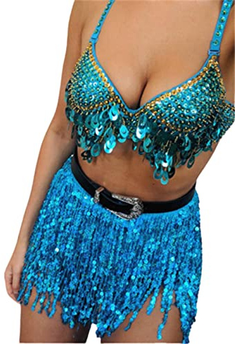 Yienate Sexy Bauchtanz Kostüm Damen Hüftrock Fransen Pailletten Quaste Hüfte Glitzer Wrap Karnevals Kostüm(Blau)