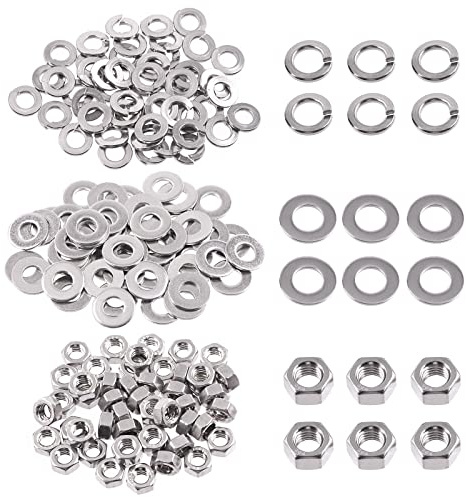 Swpeet 150 tuercas hexagonales de acero inoxidable SAE 304 de 1/4 a 20 pulgadas y arandelas planas #1/4 con arandelas de bloqueo dividido #1/4, kit surtido de tuercas hexagonales de rosca gruesa