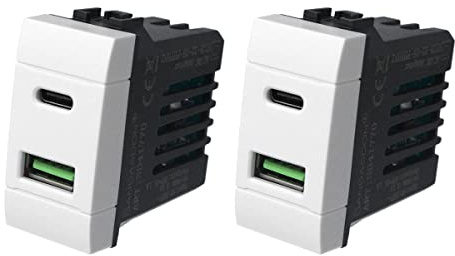 2 enchufes USB C de pared 3,1 A, carga rápida, compatible con Bticino Living Light, 2 salidas USB tipo A + USB tipo C, ocupa 1 módulo (blanco)