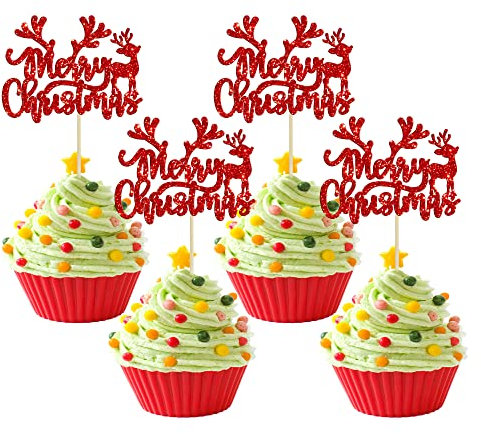 Cupcake-Topper mit Aufschrift Merry Christmas, glitzernd, für Weihnachten, Neujahr, Feiertage, Weihnachten, Party, Kuchendekoration, Rot, 24 Stück