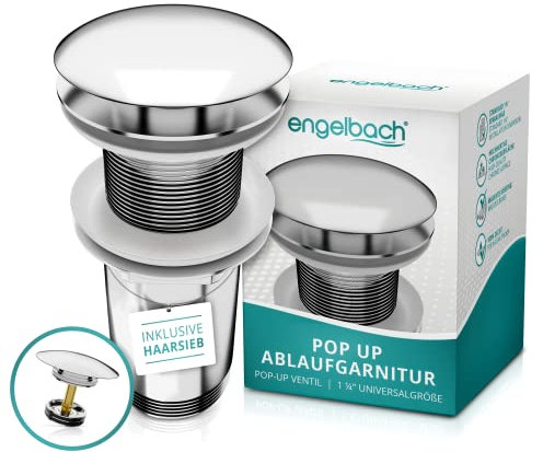 Engelbach® Universal Waschbecken Ablaufgarnitur - Pop up Ablaufventil mit und ohne Überlauf (Auch für Waschtische) Herausziehbarer Stöpsel mit Haarsieb - inklusive Einbauanleitung