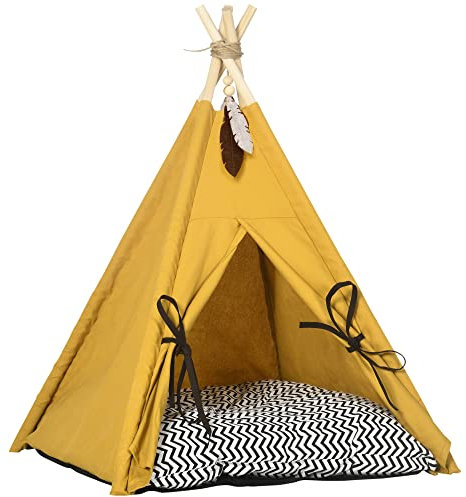 PawHut Tipi Zelt für Haustiere, Katzenzelt mit abnehmbar und waschbar Kissen, Katzenhaus mit rutschfestem Boden, Spielball, für Katzen unter 5kg, Mini Hunde, 60 x 60 x 76 cm, Gelb