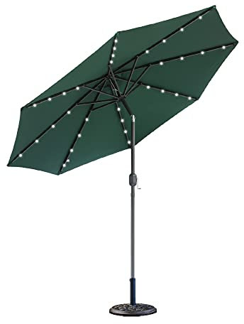 Green Bay 2.7M Round Garden Parasol Umbrella with Solar LED Lights Aluminium Crank Tilt Mechanism Green (Parasol Base Included)