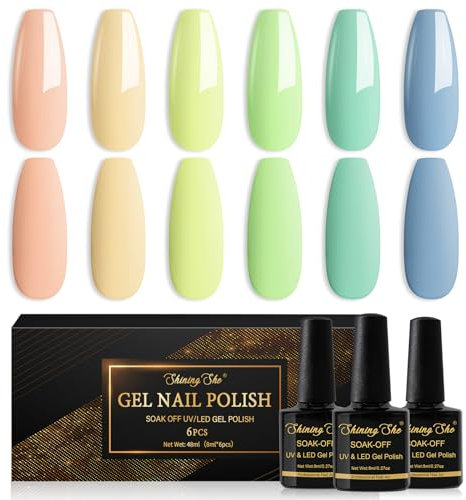Shining She UV Nagellack,6 Farben Pastell Orange Gelb Grün Blau Matt Gel Nagellack,Gellack Soak-Off UV Gel Nail Polish Set Farbgel für Gelnägel für Anfänger DIY Nailart,8ml