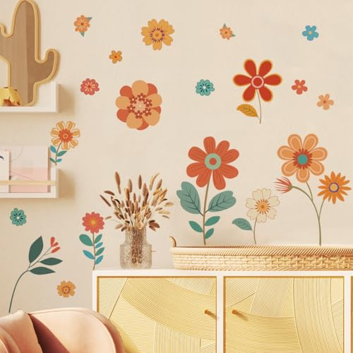 Runtoo Boho retro blommor väggdekaler stor vintage blomma tusensköna väggklistermärken färgglad hippie väggkonst för sovrum vardagsrum kontor heminredning